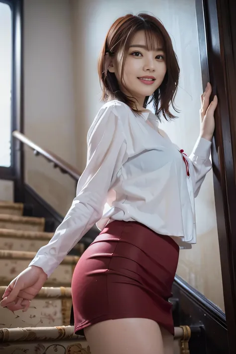 ( photorealistic:1.8,  top quality:1.8,8k masterpiece:1.8, high definition , Mastepiece:1.8,RAW Photos),( Cinematic Lights 、 no split screen ),White wall, bright light,Stairs in the park, looking up from below ,1 office woman coming down the stairs,break,
...