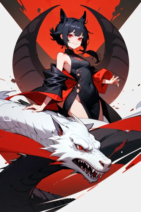  Girl, Messy short hair, Black hair,  horse face,  white dragon with long hair up to the middle of the chest , Bright red eyes , Dragon Hill, Black Dragon , White Dragon ,  Black Half Tight Dress,  Open Shoulder Robe , Wrinkled smile, canine, ยิ้มเห็นcanin...