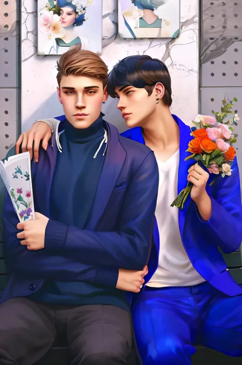there are two boys sitting on a bench with flowers, lgbt art, Edmund Blair and Charlie Bowater, official fan art, in the style of digital painting, in the artistic style of Bowater, petros and leonid, nick silva and ilya kuvshinov, realistic art, cute boys...