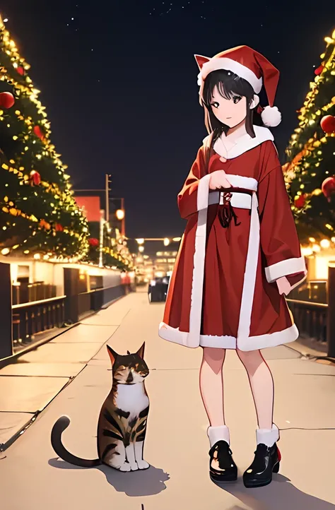 ((Petting a cat))、  Japanese、woman、18 years old、  very slender 、 ( Christmas Costumes)、 smile、 Thin legs