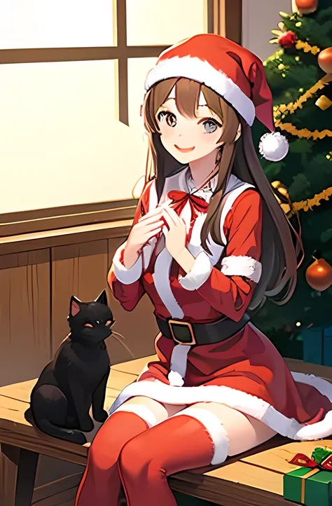 ((Petting a cat))、  Japanese、woman、18 years old、  very slender 、 ( Christmas Costumes)、 smile、 Thin legs