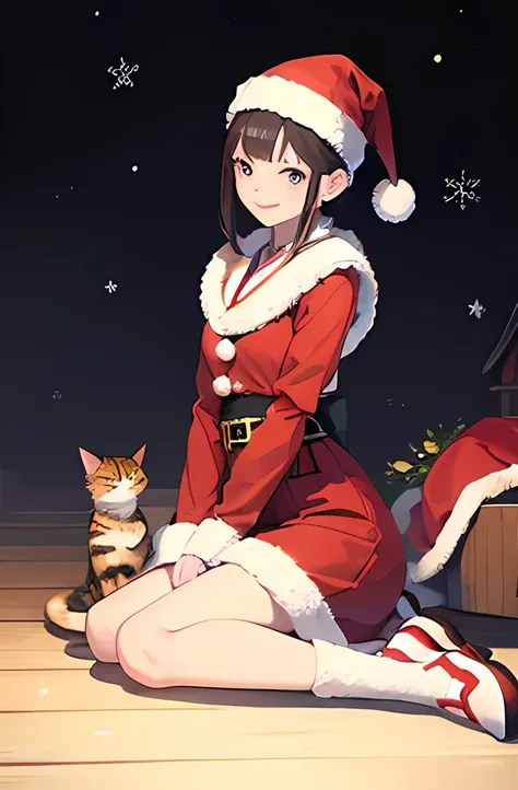 ((Petting a cat))、  Japanese、woman、18 years old、  very slender 、 ( Christmas Costumes)、 smile、 Thin legs