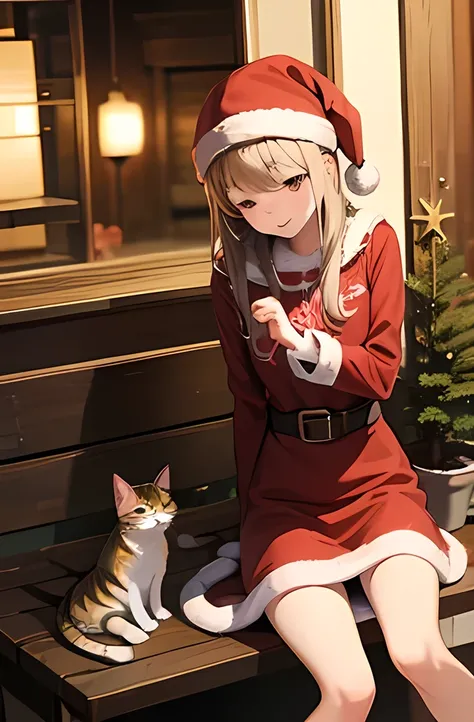 ((Petting a cat))、  Japanese、woman、18 years old、  very slender 、 ( Christmas Costumes)、 smile、 Thin legs