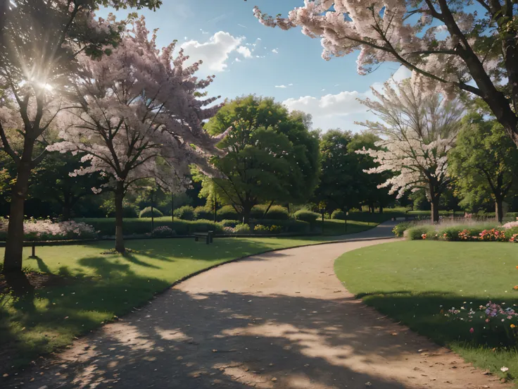 realistic photo of a park with a walking path in the foreground, blooming trees and flowers in the background, beautiful moody colors, sunshine, 4k, detailed, details, HD