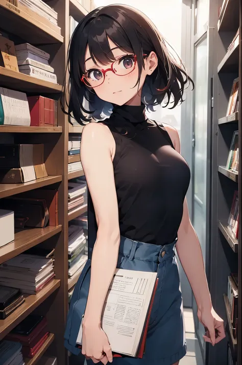 1girl, turtleneck tanktop, glasses, metropolitan city, red and white, witch, wizard, time magic, clock magic, powerfull, flash, many flying book and paper 