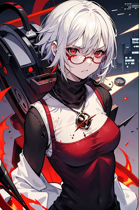 1girl, turtleneck tanktop, glasses, bob white hair, metropolitan city, red and white, bleed in cheek,  wizard, time magic, clock magic, powerfull, flash, damaged, blood, angry, very angry, final boss, villain