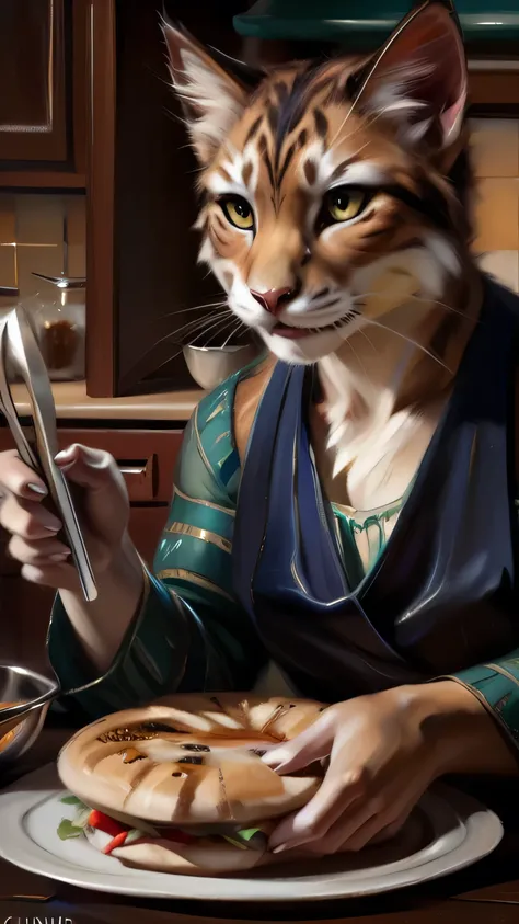 Masterpiece, realistic, best quality, primitive image, high detailed scales, full body, art by chunie, (by chunie:1), general plan, close up (an anthro cat), Female cat,  , makeup,   , character (character prepare food, kitchen ) talking