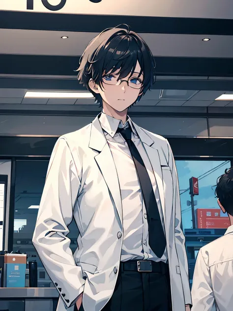  short hair under the eaves of the store　 (((male)))　doctor　Glasses　White　hospital　Im writing a medical certificate　 character in the foreground　 upper body　 black hair　 Long Sleeve  　There are a lot of test tubes　graduate School　Cyber feeling 