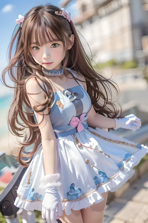  detailed face ,  cute face,  Brown Eyes , (( top quality)), ((  masterpiece  )), (( 1 girl)), Alone, ferry, (( long hair)), ferryBase, (( knee-high)),   bear shoulder sighted , ((Blue gemstone accessories)), ((Sleeveless)),  white dress,  pink skirt, (( g...