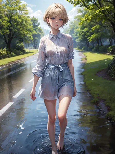 Masterpiece, a half body shot of a beautiful european Danish girl crying in a countryside road, rainy, trees around the road, walking, wet shirt, soaked clothes, wet hair, short pixie hair, light blond hair, blue eyes, runners skinny body, pale skin, ((sma...