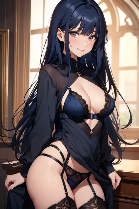 Masterpiece, best quality, 1girl, Russian ethnicity, dark blue hair, Russian spy, brown eyes, long hair, blue hair, solo, black lingerie, black lingerie, black clothing, open clothing, smile, closed mouth, flowing hair, flowing down more one side