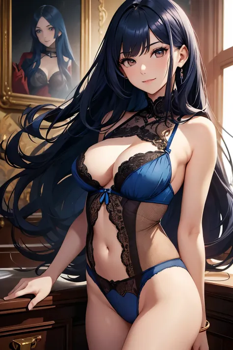 Masterpiece, best quality, 1girl, Russian ethnicity, dark blue hair, Russian spy, brown eyes, blue, hair, long hair, blue hair, solo, black lingerie, lingerie, black clothing, open clothing, smile, closed mouth, flowing hair, flowing down more one side