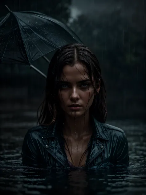 a stylish woman in wet clothes,soaked,extremely detailed face,beautiful woman,elegant,mysterious,dramatic lighting,chiaroscuro lighting,moody atmosphere,cinematic,stormy weather,rain,water droplets,gloomy,dramatic pose,high fashion,wet hair,dark moody colo...