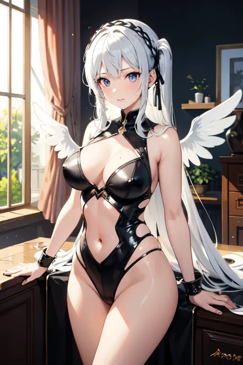 (( top quality)), ((  masterpiece  )), (  Details),  1 girl, silverhair,longhair,sexy,mecanical,wing