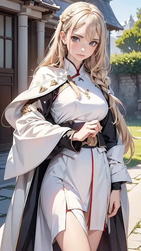 one woman、Rin々new appearance、Rin with a calm expression、cold look、medieval monk、pure white battle uniform、Blonde、french braid、have a sword、white cloak、 Sword Art Online、(masterpiece, highest quality, highest quality, official art, beautiful and aesthetic:1...