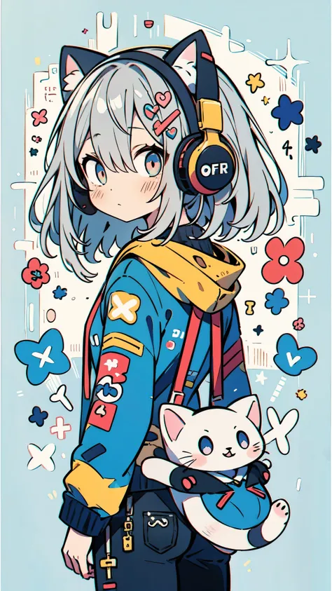  high definition ,  medium chest ,  and blushing , Gray Hair,  hair to hide one eye,  cat ear headphones,  eyes symbol , cute background anime style , whole body,  back view,  Looking Back