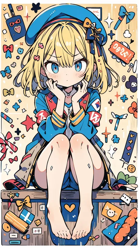  high definition ,  medium chest , Blonde, hair over one eye, holding candy, glaring, military jacket, open jacket, beret, sitting on desk, knees apart feet together,  cute background,  anime style, full body,  portrait