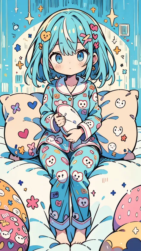  high definition ,  medium chest ,  sleepy look after intercourse, light blue hair,  hair to hide one eye, pajamas,  cute background,  anime style, whole body,  holding a pillow 