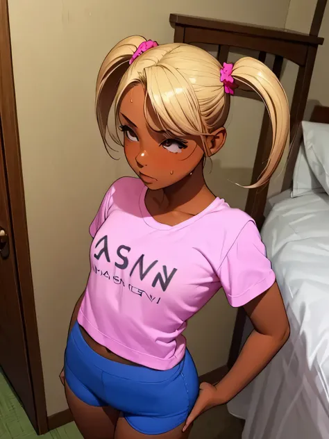 ​masterpiece、top-quality、 skin is tanned 、Brown Skin、 Short Blonde Twin Tails 、Blonde dyed hair、The upper body is wearing a light T-shirt 、 wear pink bike shorts for the lower body、Flat、Nipple erection、Face expecting something 、 handbag 、blush、Sweaty、 stan...