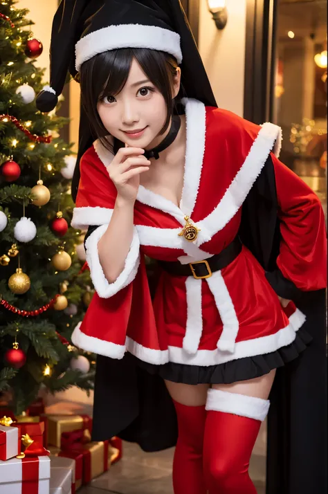 black Santa cosplay 、Cute girl、 Sexy Poses 、 background is a Christmas tree、 ILLUMINATION、黒ビキニ、セクシー、