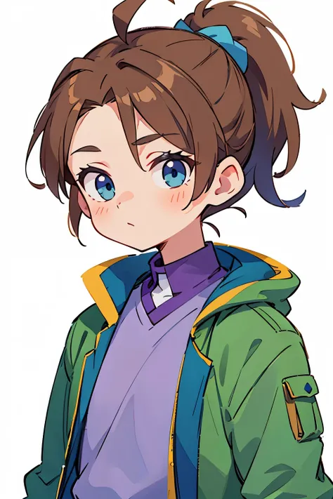 Cartoon boy with light brown hair and ponytail with blue eyes wearing green jacket with purple shirt