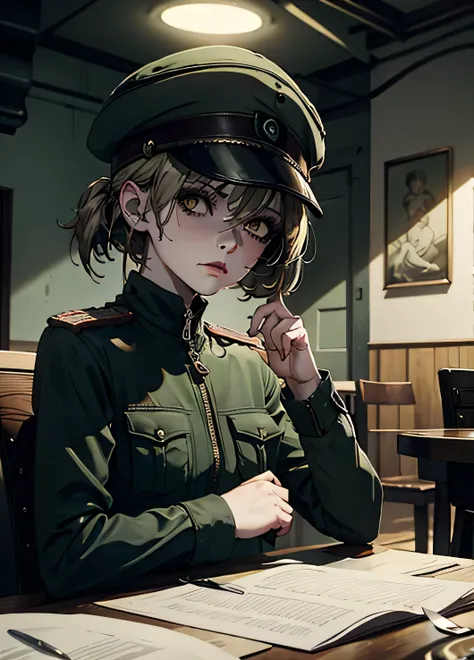 Masterpiece, black blonde styled hair, gloomy girl, dystopian world, military cap, pale military uniform, brown eyes, closed clothung, sits, gloomy military table in the dining room, dystopic art in green iron lights, dim white lights, dystopian post-war c...