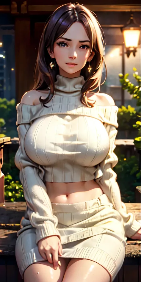 ((( Big Breasts )))、((Tight abdomen))、( High Quality ,  high definition ,  Details),  realistic ,  cozy vibe , Elegant style woman, (Beautifully detailed off-the-shoulder sweater:1.2), Alone,  Curvy Woman,  long hair,   Sparkling Eyes  ,smile, , sweat,  oi...