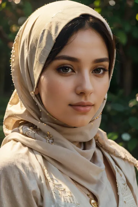 a romantic hijabic girl wearing white, beautiful detailed eyes, beautiful detailed lips, extremely detailed face, long eyelashes, intricate hijab details, soft skin, serene expression, graceful pose, ornate golden jewelry, sunlit garden background, (best q...