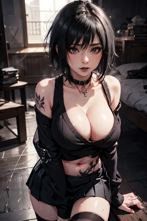 Girl, woman, emo_hairstyle, black lipstick, dog collar, eyeliner, mascara, eye shadow, smoky eyes, realistic lighting, short hair, short skirt, shoulderless midriff sweater, cleavage, shiny skin, big breast, thighhighs, tattoos. (Sweaty:1.1). Hot, sexy, st...