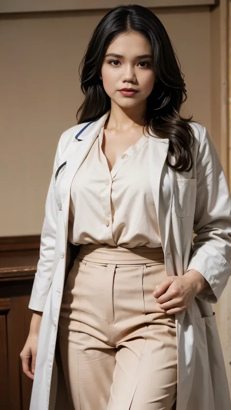 A woman with (wavy hair), Realistic, Photorealistic, 8K, Masterpiece, Best Quality, High Definition, Live Action, RAW Photo, Single Woman, (( doctor outfit, white shirt, white coat)), (( from head to hips, cowboy shot )), lipstick