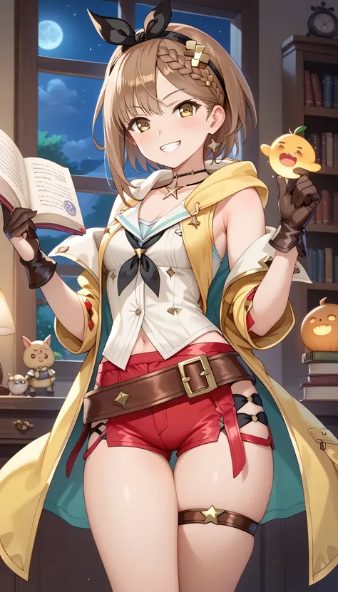 high resolution, (alchemy), Lizas room, Very young Liza 、 Atelier Ryza , (the girl is Dwarf size), four-headed body、(grin), the girl is young, , Crouch down, short, the girl has small breasts, (very thin waist), Thin arms、slender body, (the girl ...