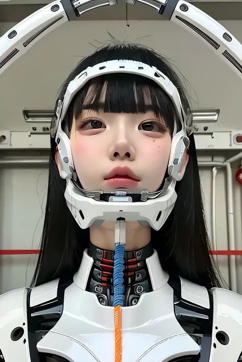 masterpiece, best quality, extremely detailed,portrait,upper body,front view,Japaese android girl,Plump, control panels,android,Droid,Mechanical Hand, Robot arms and legs,Blunt bangs,long tube,thick cable connected her neck,broken head