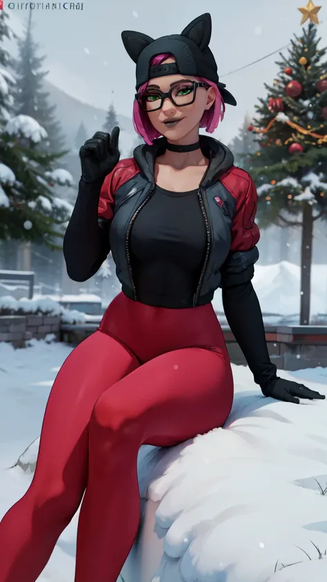 1 girl, black lips, choker, (masterpiece) sunny day (forest Night) (best quality) ,(alone), looking at viewer, relaxing pose,  high detailed, extremely detailed, fine green eyes,winter jacket, christmas jacket, Christmas leggins,all red, Santa Claus cap ,e...