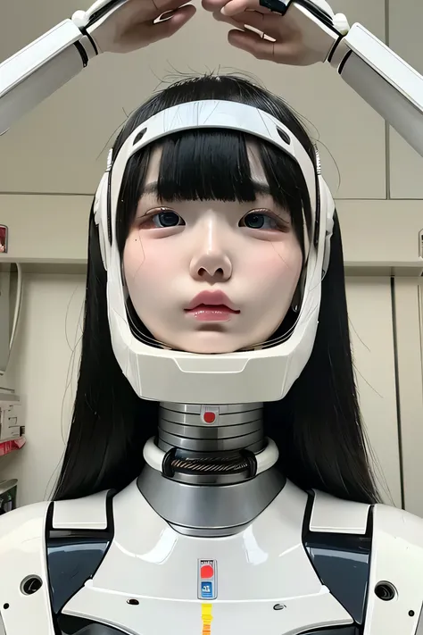 masterpiece, best quality, extremely detailed,portrait,upper body,front view,Japaese android girl,Plump, control panels,android,Droid,Mechanical Hand, Robot arms and legs,Blunt bangs,long tube,thick cable connected her neck,broken head