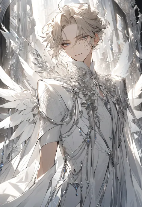 handsome male, smile, squinted siren gray eyes without glare, blond french-crop hair, fantasy white clothes with blue and silver elements, long white gloves, model, gorgeous, elegant, lots of silver jewelry, angel wings, skinny body