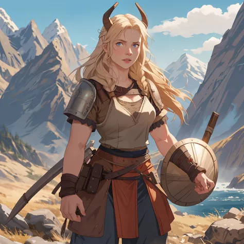 A portrait of a fierce Viking shieldmaiden, embodying bravery and resilience in a rugged landscape