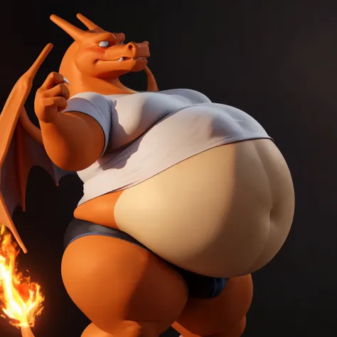 Pokémon Charizard, side view, extremely obese, very fat body, fat cheeks, huge belly, long mouth, enormous chin, very big round belly, very big boobs, big pointy teeth, chubby face, double chin, 3D render, tight short sleeves t-shirt, t-shirt cut above his...