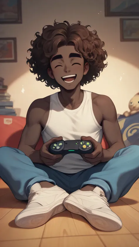 A boy with black skin and curly hair down to his shoulders, he has freckles on his face and the color of his eyes is dark brown, he is sitting on the floor looking at the TV in his room happy and smiling, while holding a controller and playing a fighting g...