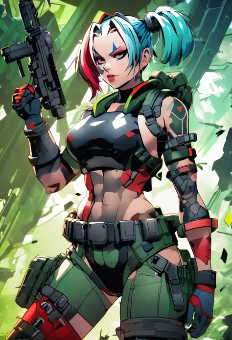 Harley Quinn HDR anime character with colored hair, futuristic soldiers clothing and porn actress body, huge breasts, thick thighs, muscular body with military green cropped wearing soldiers chain and black shorts and black boots and has a technological su...