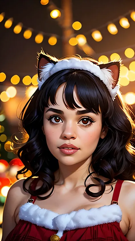 1girl, Norah Jones (jazz singer), solo, neko girl, cat ears, Christmas background, bokeh, black hair, long hair, lips, looking at viewer, upper body, curly hair, brown eyes, Christmas tree, Christmas lights