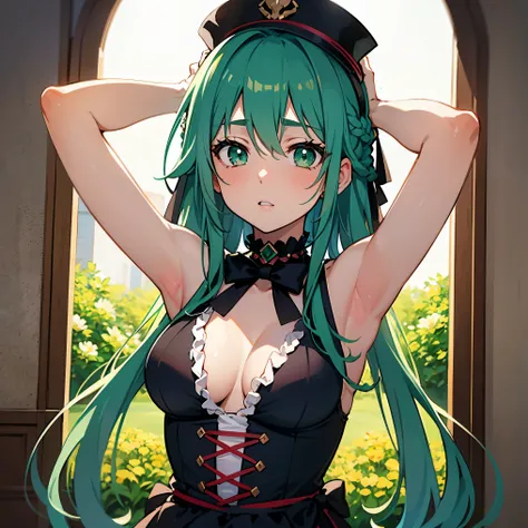 Teenager, Anime, Long emerald green hair, Emerald green eyes, B-cup chest, Beautiful waist, 4k anime style, Smooth anime CG, 8k anime, Best quality, High resolution, looking_at_viewer, hat_flower, hairband, upper_body, blush, animal_ear_fluff, arms_up, fri...