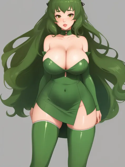 extremely high-quality art, masterpiece, sharp focus, clean details, (simple background), 8k, standing pose, sexy princess, big lips, skintight strapless dress, deep cleavage, big boobs, thigh-highs, sexy hips, freckles, green color scheme