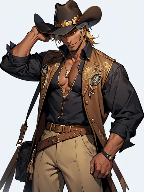 Masterpiece, 4K, 1male, unique OC, tanned skin, villain like, Old east, cowboy outfit, solo, no background.