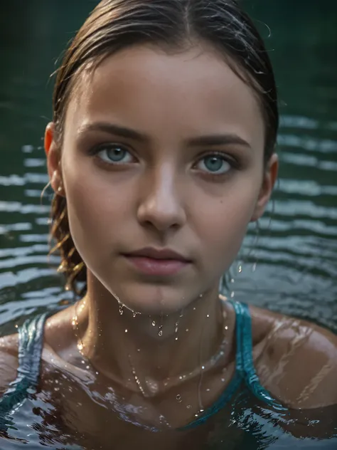 a woman swimming in clothes, beautiful detailed eyes, beautiful detailed lips, extremely detailed eyes and face, long eyelashes, soaking wet clothes clinging to her body, water splashing, natural lighting, photorealistic, 8k, high resolution, hyper detaile...