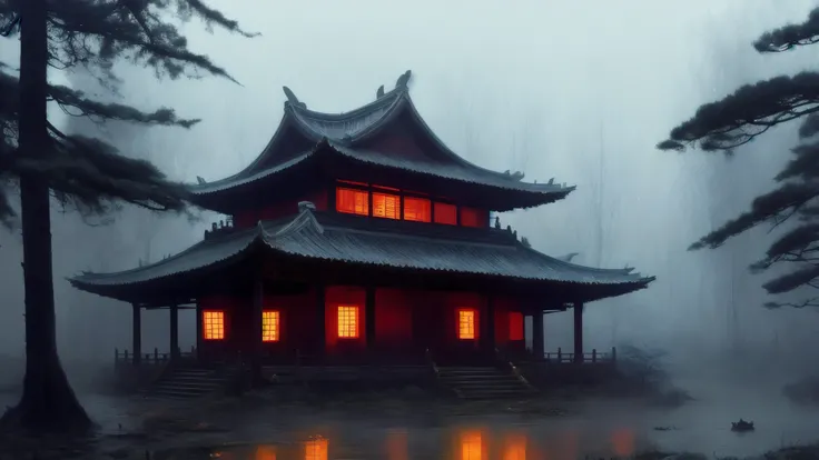 a dark old traditional chinese temple in the woods, stefan koidl inspired, bussiere rutkowski andreas rocha, by maxim verehin, inspired by maxim verehin, inspired by Tomasz Jedruszek, dark cinematic concept art, eerie nostalgic concept art, inspired by Igo...