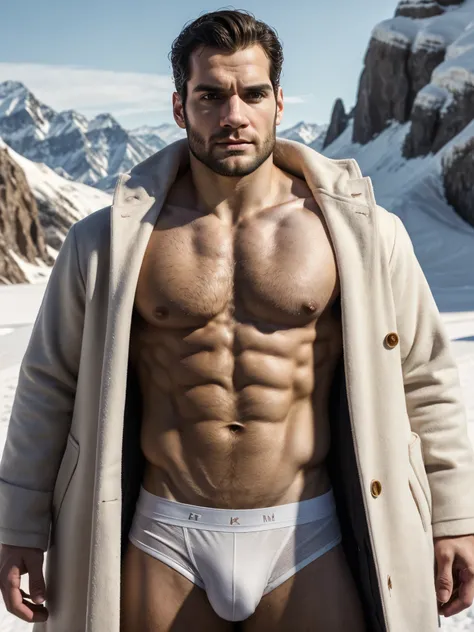 Ultra-high image quality realistic and strong masculine features a man inspired by Henry Cavill as Wolverine

a close-up of a man in a coat and white underwear posing in a snowy environment, medium shot of a handsome, sexy, super-fit and cool masculine guy...