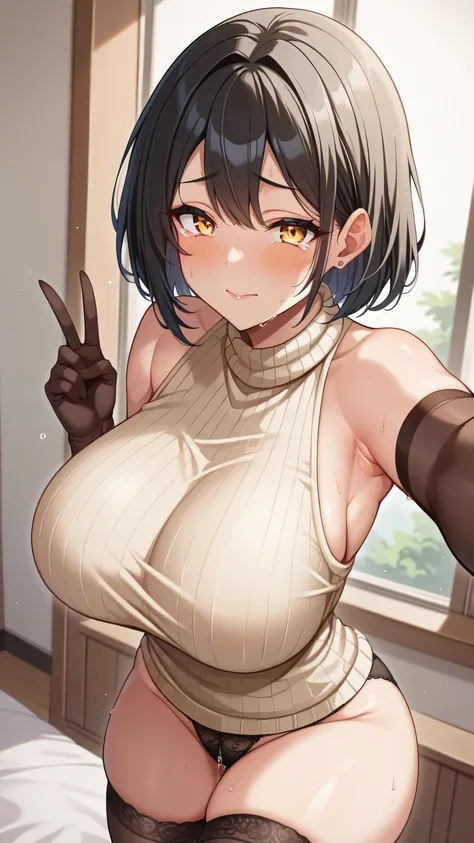  Animated Illustration ,( black hair, yellow eyes, Harajuku fashion ,:1.12),Alone,(( Big Breasts ,))、( perfect eyes,  top quality:1.2), Big and Rich Breasts , top quality、 perfect balance, blonde alone、   , , Captivating Poses、(( selfie 、Big Breasts,))、thi...