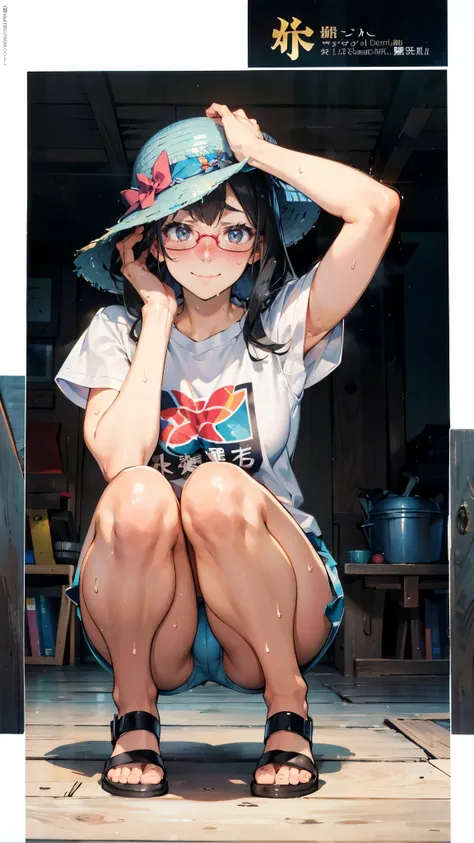 anime - style illustration of a woman in a hotpants and white T-shirt, Straw hat, anime character, official character art, full body, female anime girl, (black hair:1.5), (Embarrassed:1.5), smile, (tanned:1.2), armpit, (sweaty]1.2), glasses, cameltoe, by t...