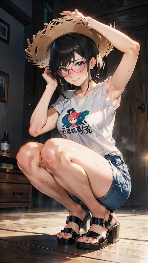 anime - style illustration of a woman in a hotpants and white T-shirt, Straw hat, anime character, official character art, full body, female anime girl, (black hair:1.5), (Embarrassed:1.5), smile, (tanned:1.2), armpit, (sweaty]1.2), glasses, cameltoe, by t...