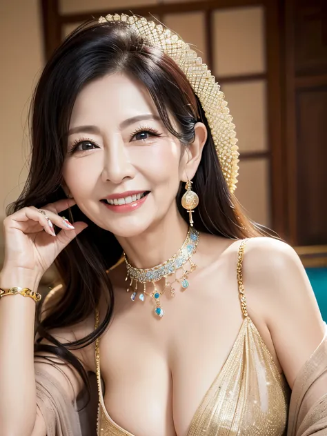 ７９ years old　Mom　MILF　Chinese Lady　large earring　Big choker　navel piercing decoration　A bracelet　realisitic　Gorgeous Madame Beautiful Mature Woman　sexy　Smile　Gentle woman navel piercing　４K　High quality